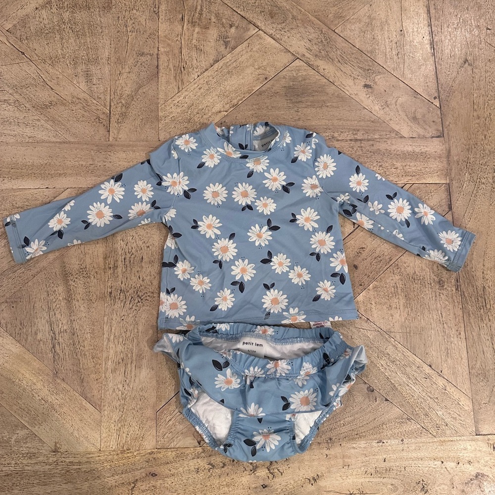 Blue Floral Long Sleeve Swim Suit